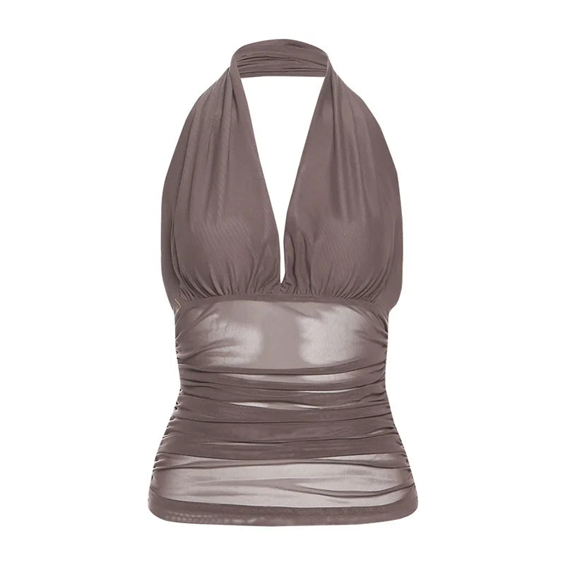 Dam Backless Halter Tank Top – Aesthetic Harajuku Grunge Bodycon Crop, Svart & Brun