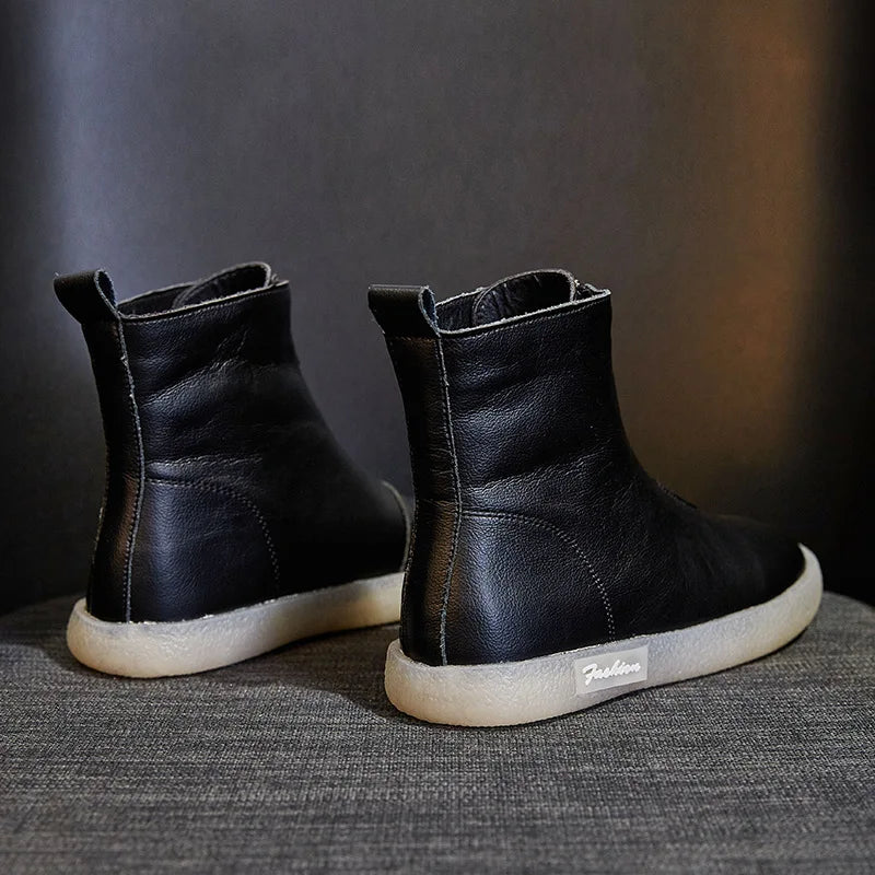 ZXRYXGS British Style Front Zipper Genuine Leather Boots Flat Sneakers 2026 Temperament Trend Autumn Winter Boots Black White