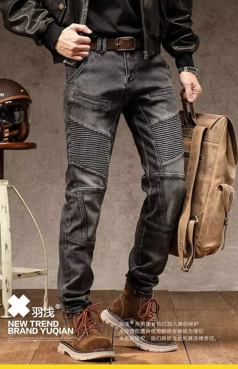 High Street Motorcycle Men's Brand Splice Pockmark Handsome 2025 Autumn Winter New Elastic Slim Fold Long Pants Casual Jeans
