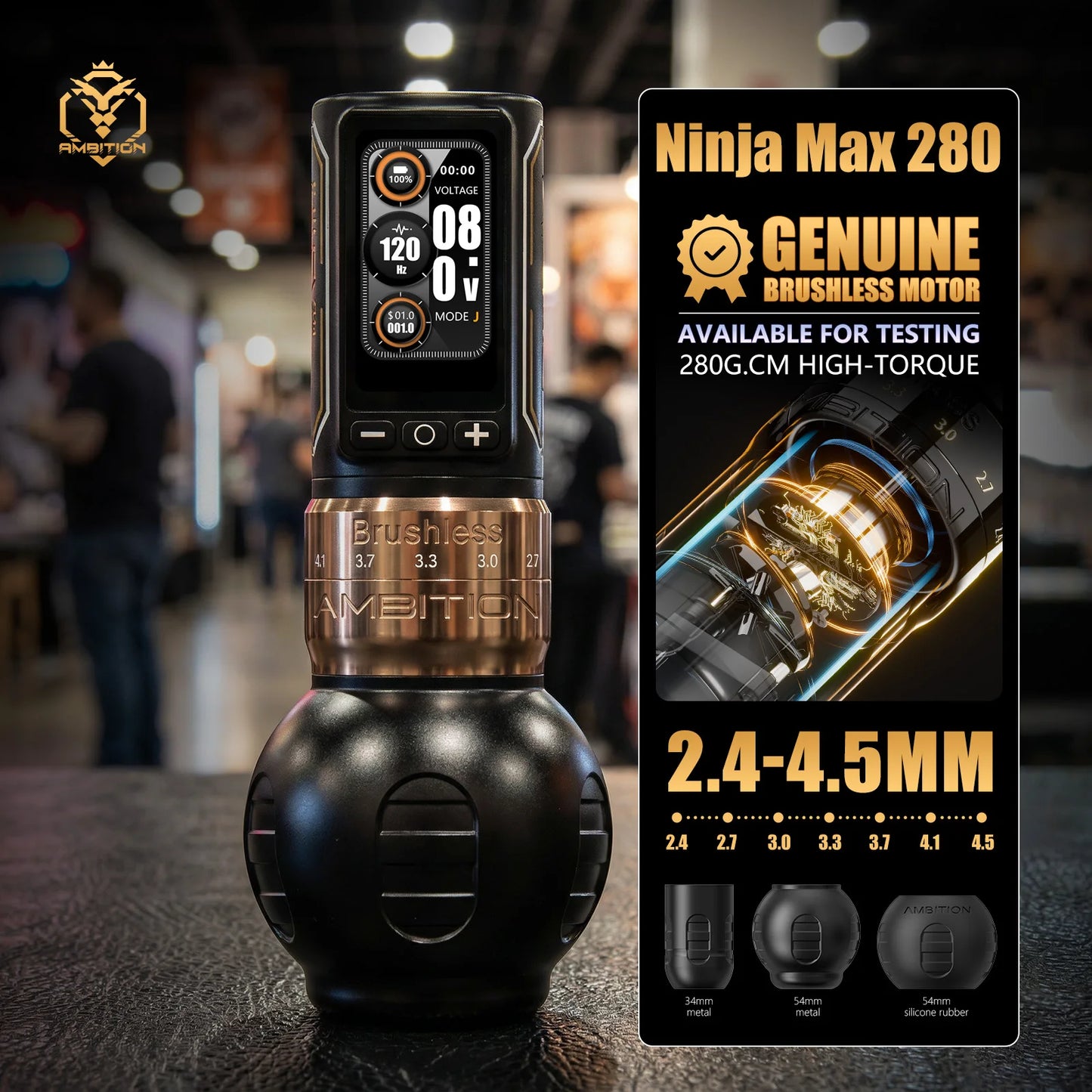 Ambition Ninja Max 280 Wireless Tattoo Machine Pen Full Kit Adjustable Stroke Brushless Motor 20pcs Mixed Needle 10 Inks Set