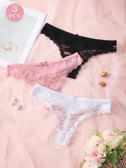 3Pcs Sexy Lace Women Thongs Transparent Women Panties Sexy Underwear Solid Floral G-String Size XS-XL Female Underpants Lingerie