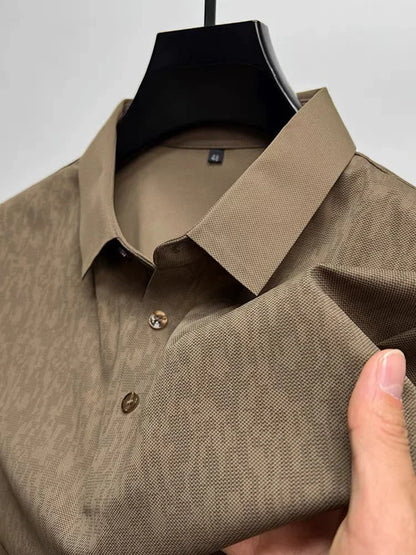 High end ice silk seamless short sleeve POLO shirt men's 2024 summer new fashionable jacquard silk breathable lapel T-shirt