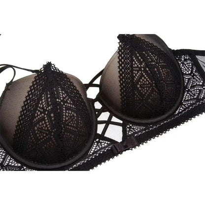 Women's Sexy Push up Lingerie Set French Lace Half Cup Bra with Garter Belt Summer Underwear Demi Bra Transparent