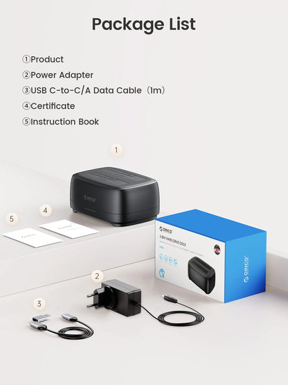 ORICO Dual-bay Hard Drive Station 5Gbps Type-C HDD Docking Station  with 12V 3A Power Adapter  for 2.5/3.5 Inch HDD/SSD