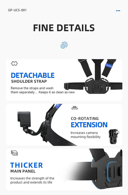 TELESIN Quick-Release Chest Strap Mount for GoPro Hero 13 12 11 10 9 8 7 Insta360 SJCAM DJI OSMO Action 5 4 3 Chest Belt Mount