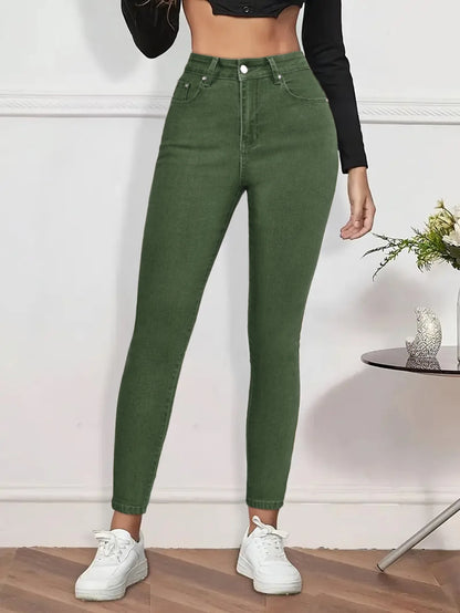 Women Pencil Pants Jeans Skinny Trousers High Waist Stretch Pockets Vintage Washed Female Streetwear Slim Full Length Denims