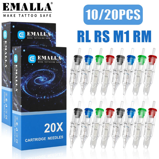 EMALLA Kassett-tatueringsnålar 10/20-pack – RL/RS/M1/RM Engångs Steriliserade 0,30–0,35 mm för Rotary PMU 2026