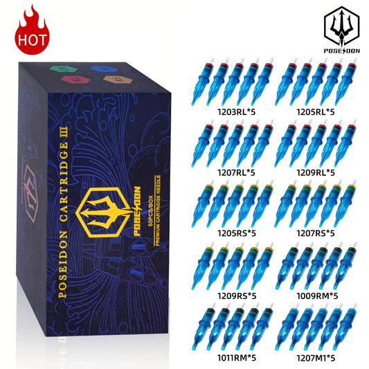 Poseidon Pro Max Kassett-tatueringsnålar 50-pack – RL/RS/RM/M1 Mix med Membran & EO-sterilisering 2026