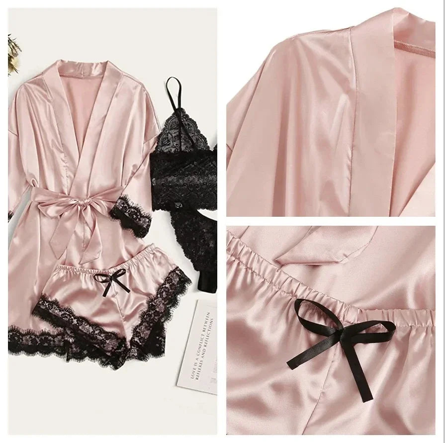 Pyjamasset dam med satinkänsla och spets – sex färger, S–2XL
