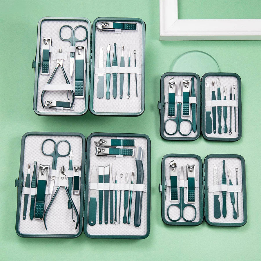 Green Stainless Steel Nail Clipper Sets 6-18 Pcs Manicure Set With Leather Case Professional Foot And Face Care Tool Kits