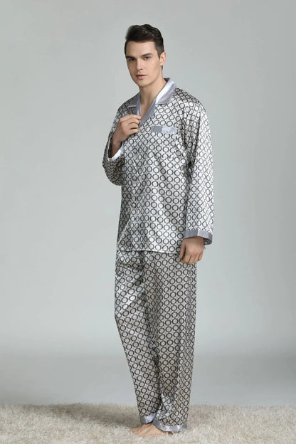 Pyjamasset herr med satinkänsla – långärmad överdel och långbyxor, L–3XL