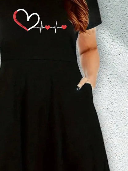 2026 Women's Four Seasons Love at First Sight Heartbeat Printed Casual Loose Black Short Sleeved Large Short Skirt Dress