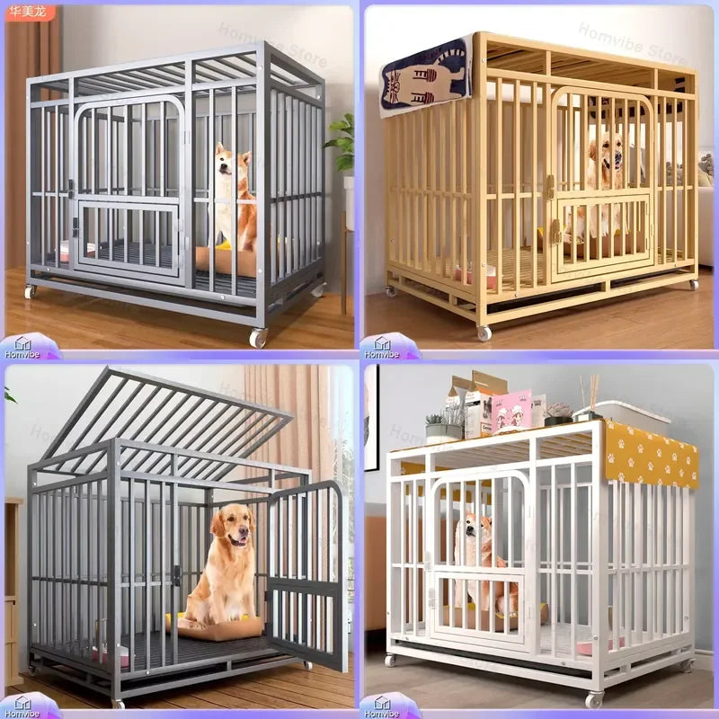 Heavy Duty Square Tube Dog Cage for Medium Large Dogs Indoor Metal Kennel with Toilet Tray Foldable Iron Pet Crate Furniture