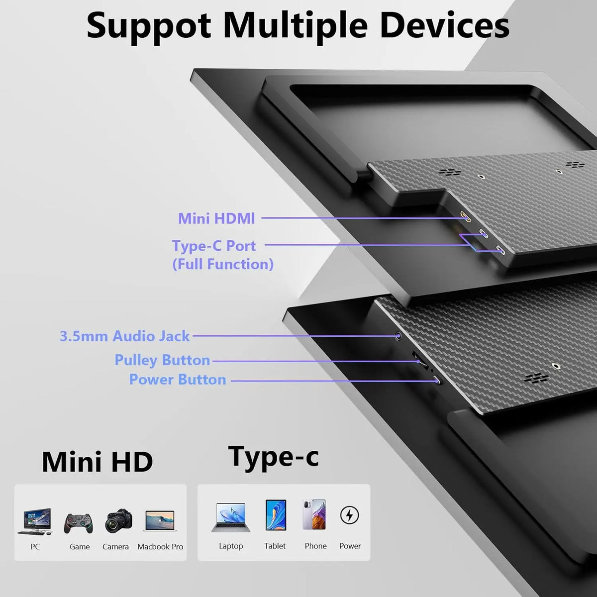13.3 Inch 2K QHD Portable Monitor, 400 Nits, 100% SRGB, 16:10 Aspect Ratio, Built-in Speakers, VESA Mountable, Integrated Hidden