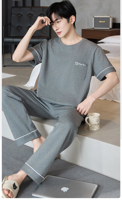Short Sleeves & Shorts & Long Pant 3Pcs/set Cotton Nightwear for Men Summer Breathable Casual Sleepwear Male Loungewear Hombre