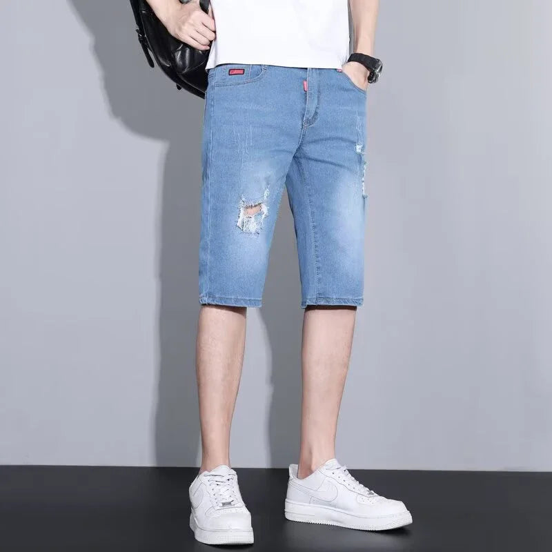 2026 Summer Men Loose Straight Ripped Jeans Male Daily Lightweight Breathable Knee Length Denim Shorts Street Trend Casual Pants