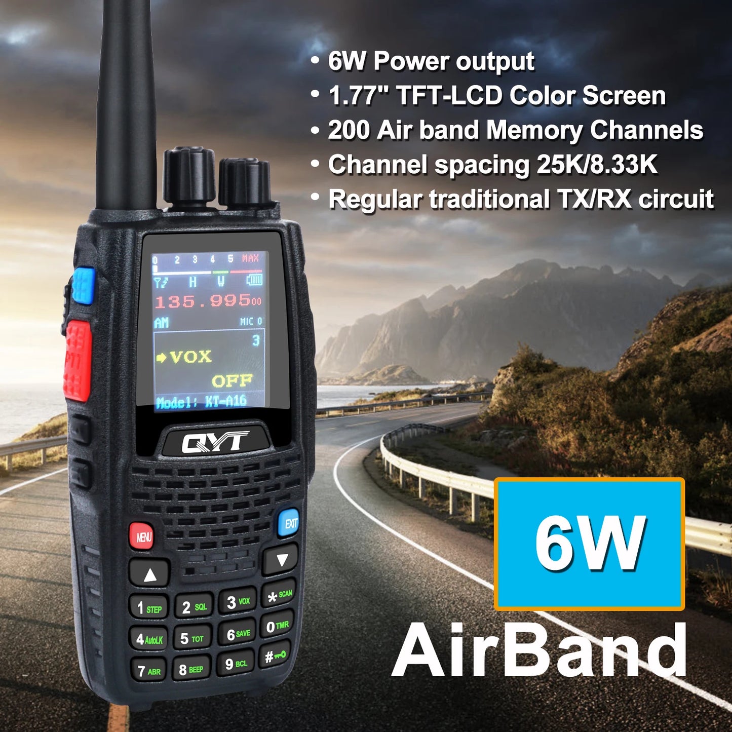 QYT KT-A16 Air Band Tx Handheld Walkie Talkie 118.000-136.999MHz TX Rx Aviation Portable Radio 6Watt 200Ch NoAA Weather Forecast