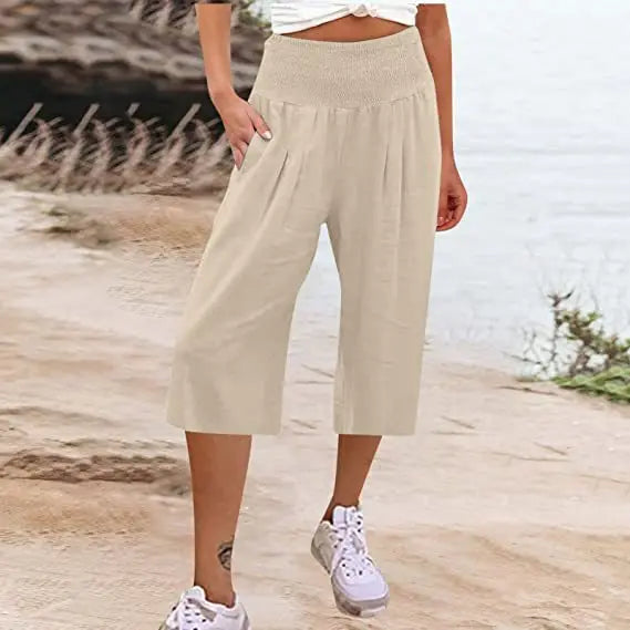 Summer 2024 Amazon Eurn women's cross-border cotton hemp seven waist pocket pocket pocket pocket wide leg pants woman