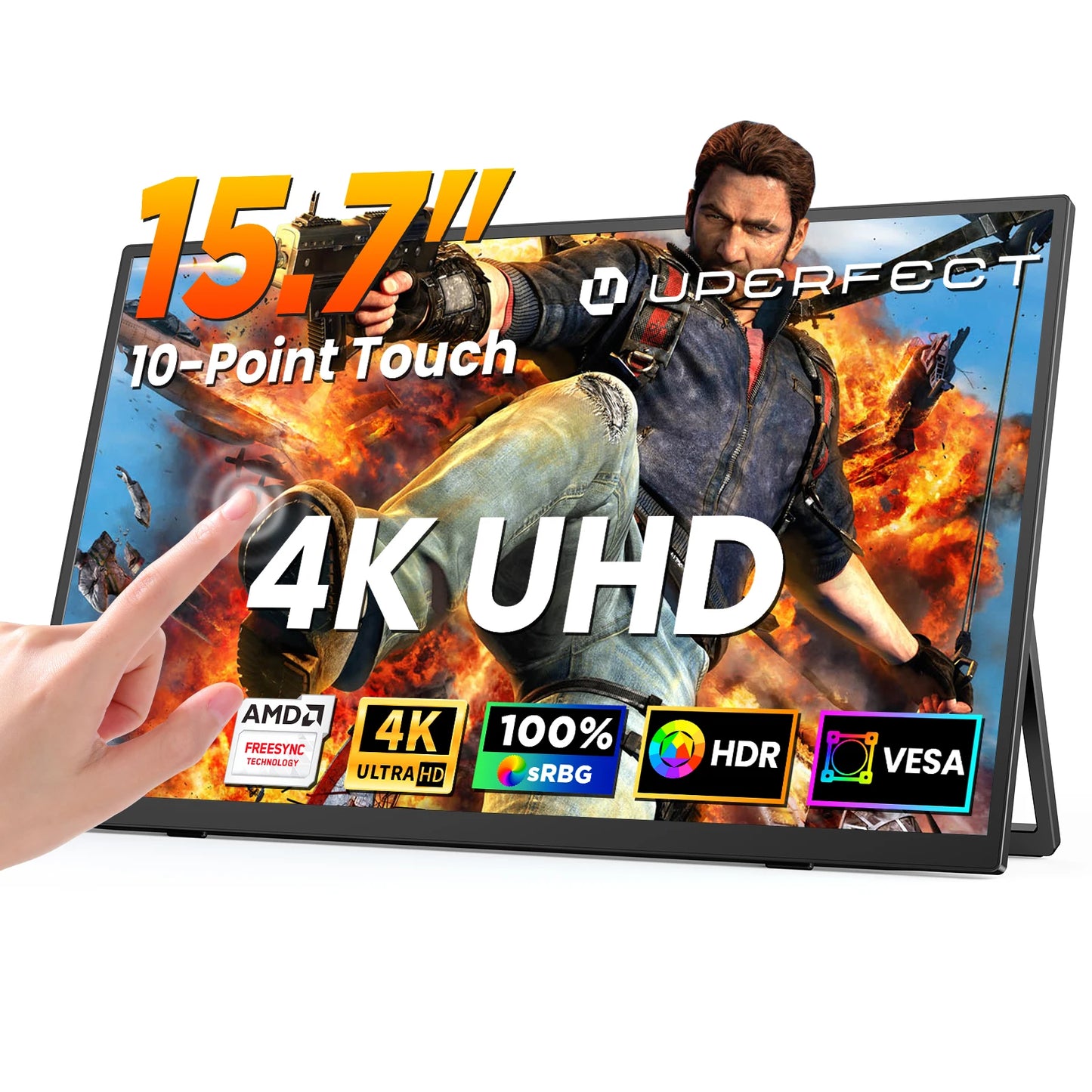 UPERFECT 15,6" 4K UHD Portabel Touchmonitor – 3840x2160 10-punktstouch IPS 100% sRGB HDR AMD FreeSync USB-C HDMI VESA EU-lager