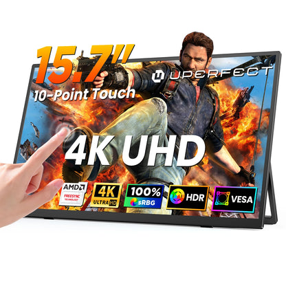 UPERFECT 15,6" 4K UHD Portabel Touchmonitor – 3840x2160 10-punktstouch IPS 100% sRGB HDR AMD FreeSync USB-C HDMI VESA EU-lager
