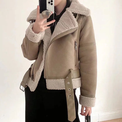 Varm Lammskinnsjacka Dam – Kort Motorcykelstil, Faux Shearling, Mocka, 2 Färger, XS–XL