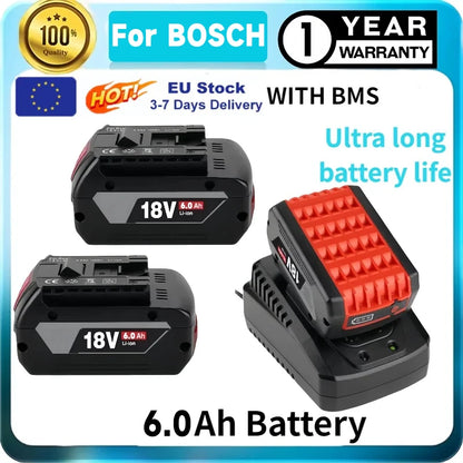 Kompatibelt Batteri för Bosch 18V – 6,0Ah Li-Ion BAT609 BAT618 BAT620 GSR GBH GWS 1–4 Batterier + Laddare