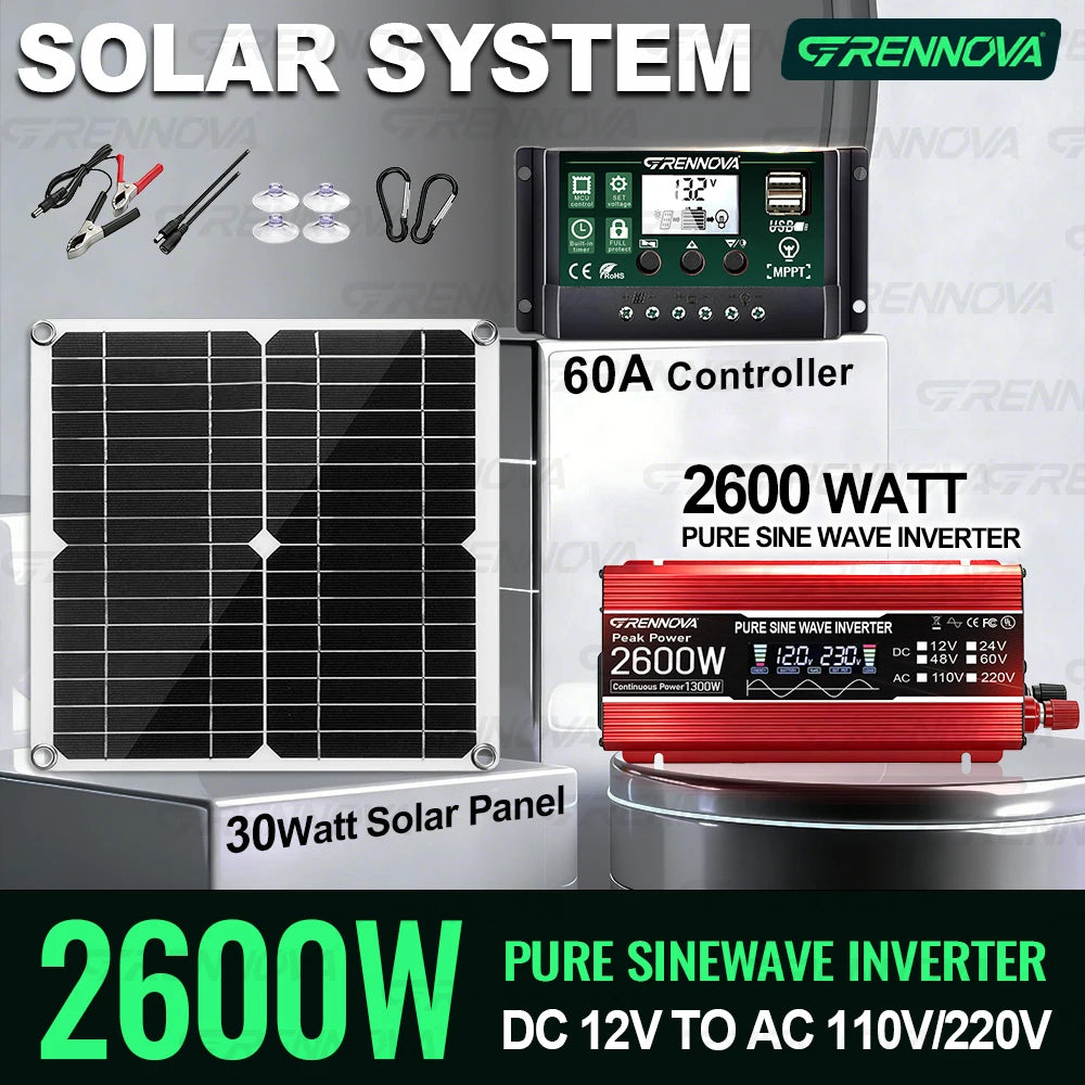Grennova Solcellskit 1300W – Ren Sinusvåg 2600W Peak + 30W Panel + 60A MPPT, 110V/220V Off-Grid Kyl TV Husbil