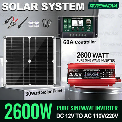 Grennova Solcellskit 1300W – Ren Sinusvåg 2600W Peak + 30W Panel + 60A MPPT, 110V/220V Off-Grid Kyl TV Husbil