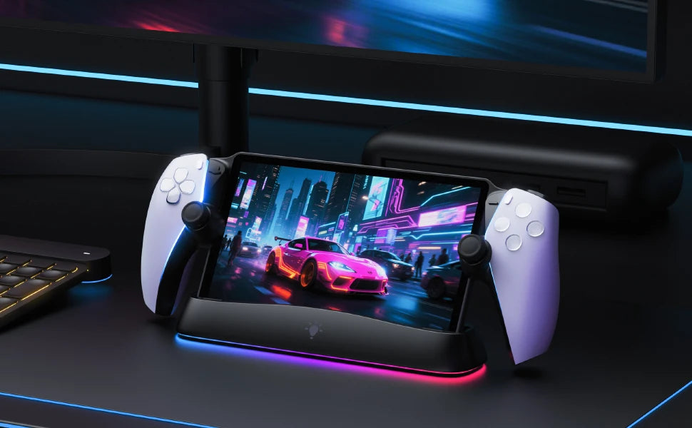 HONCAM Auto Align Charging Dock for PlayStation Portal 7 RGB Light Modes Portable Dock Station with USB-C Charging Cable