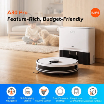ILIFE A30 Pro Robot Vacuum Cleaner with Automatic Self-Emptying Station, 5000Pa Strong Suction, LDS Navigation, 180min Runtime, 2-in-1 Mop and Sweep, APP Control,  HomeFloor Carpet Clean