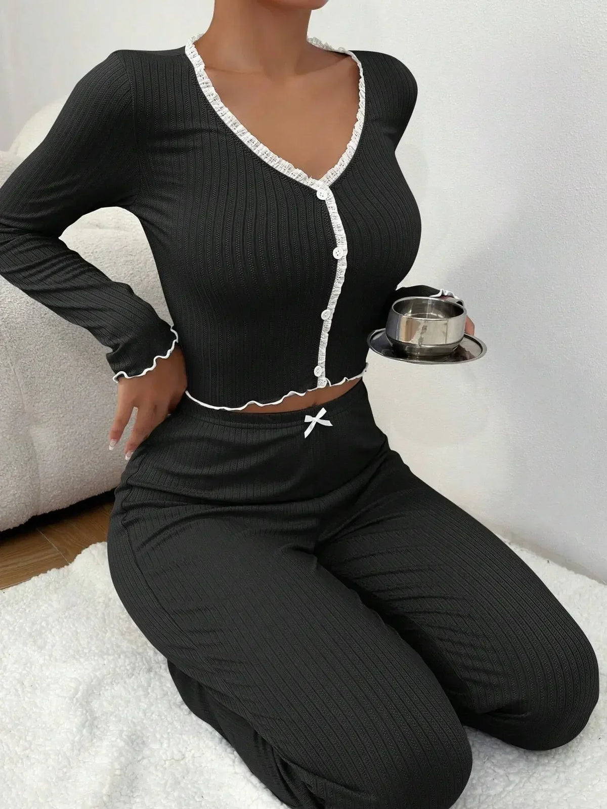 Dam Pyjamas 2-delat Set Höst & Vinter – Spets, Långärmad Loungewear, 4 Färger
