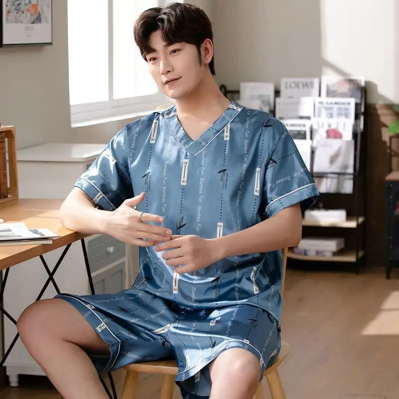 Herr Pyjamas Is-Silk – Kortärmad Tvådelad Lös Koreansk Stil, 3 Färger L–3XL