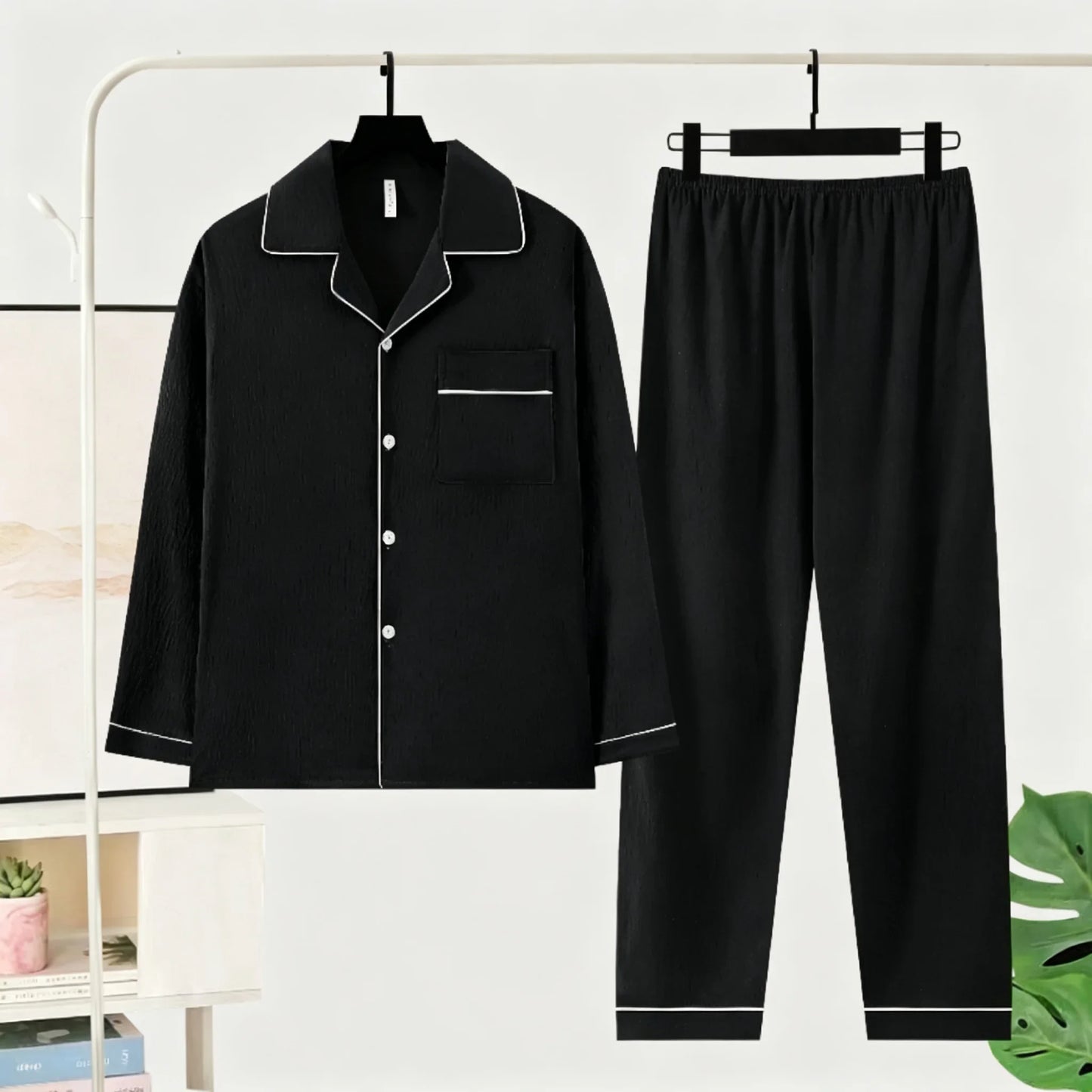 Herr Pyjamas Set Lyx Oversized – Långärmad Enfargad Mjuk Plus Size Höst 2026, 10 Färger L–5XL