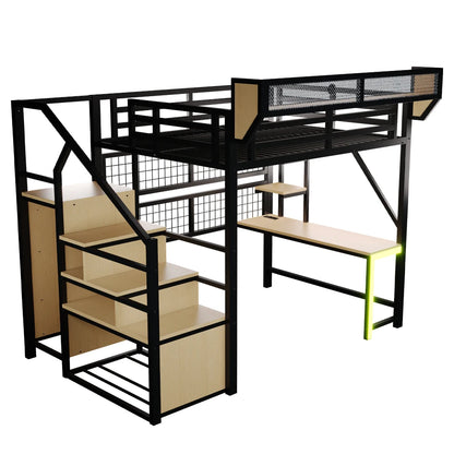 90×200cm & 140*200cm Metal High Bed, with Desk, Shelf and Storage Net, Complete with Safety Ladder, LED Lighting and Socket