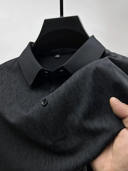 High end ice silk seamless short sleeve POLO shirt men's 2024 summer new fashionable jacquard silk breathable lapel T-shirt