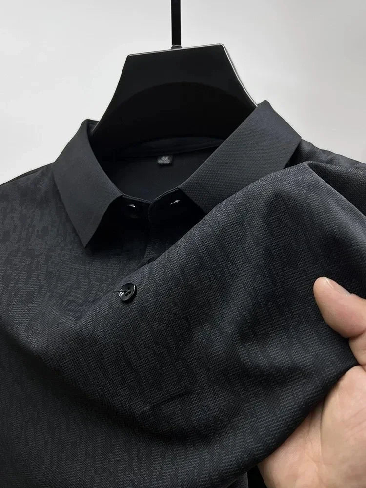 High end ice silk seamless short sleeve POLO shirt men's 2024 summer new fashionable jacquard silk breathable lapel T-shirt