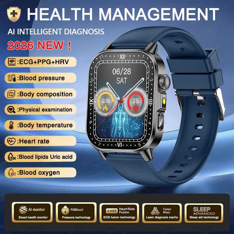 2026 ECG+PPG Daily Health Smart Watch Men Blood Fat Uric Acid Heart Rate Blood Oxygen Bluetooth Call Wellness Tracker Smartwatch