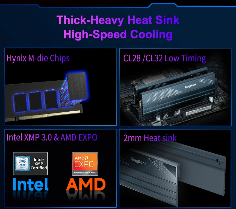KingBank KFXB Series DDR5 Memory 24GBx2 6800MHz 6000MHz Dual Channel for Gaming And Overclocking with Heatsink Black