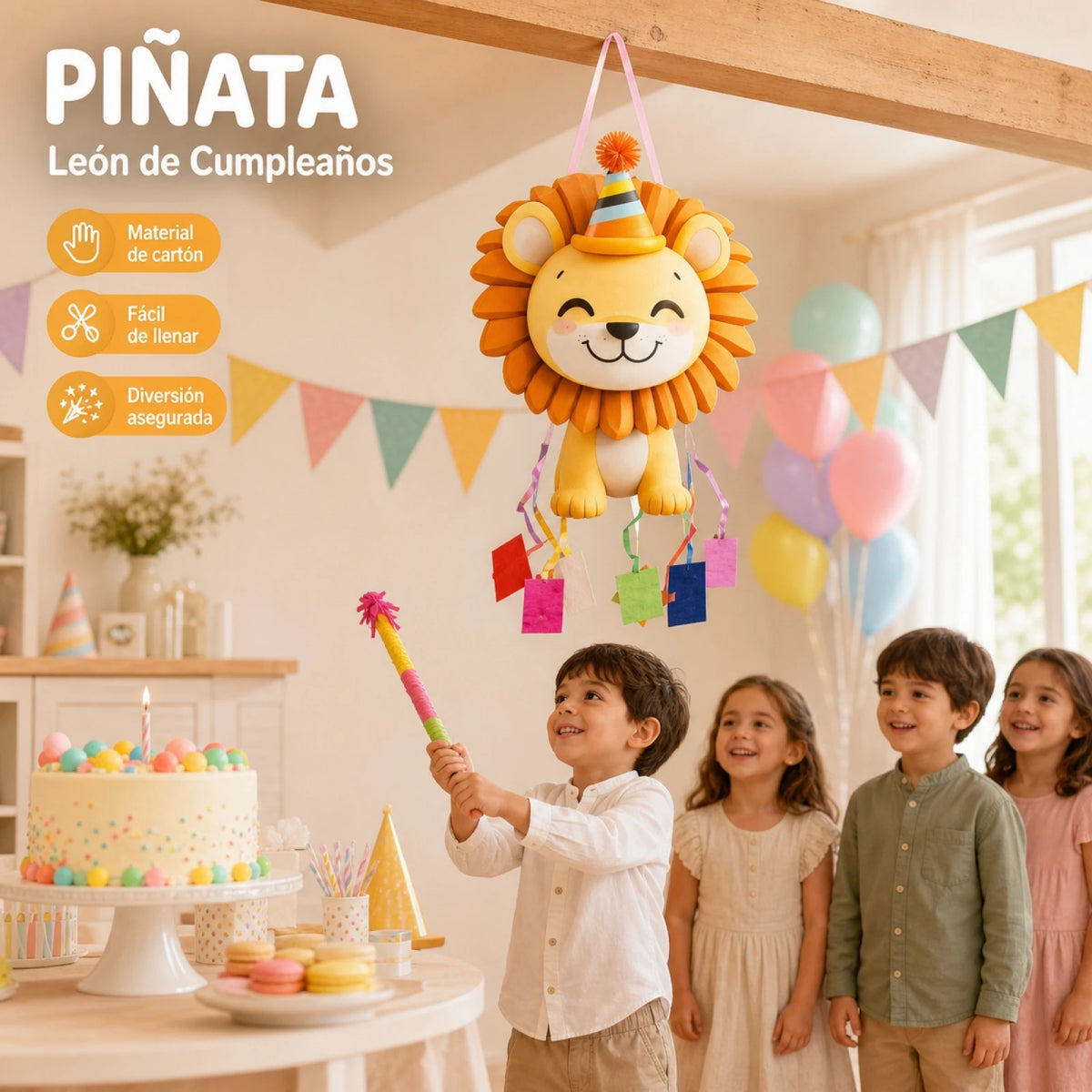 Lejonpiñata med partyhatt och dragband – 48 × 36,4 cm