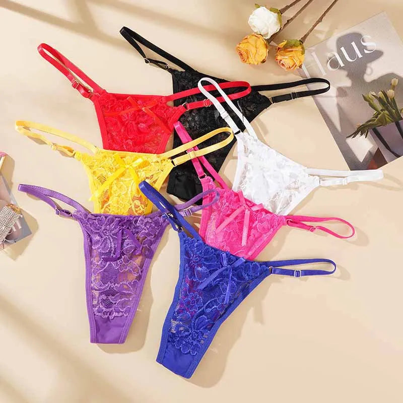 Sexy Adjustable Lingerie Women Low Rise Lace Thongs Sexy Hollow Out Underpants Female Breathable Perspective Thongs Underwear
