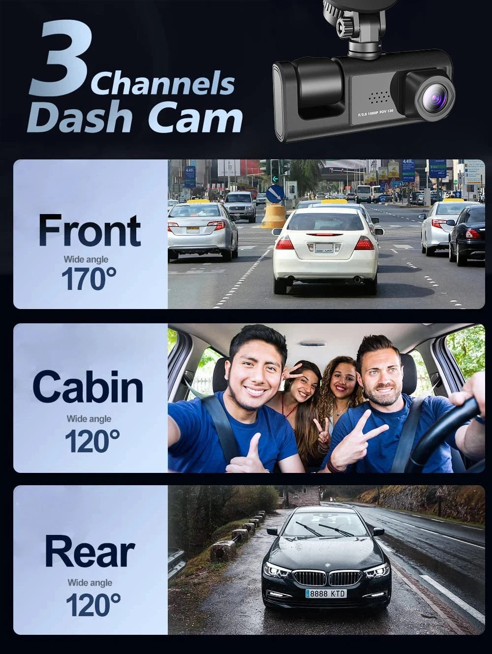 Wifi 3 Channel Dash Cam Three Way Car DVR Inside Vehicle Camera DVRs Recorder HD 1080P Video Mini Registrator Dashcam Camcord