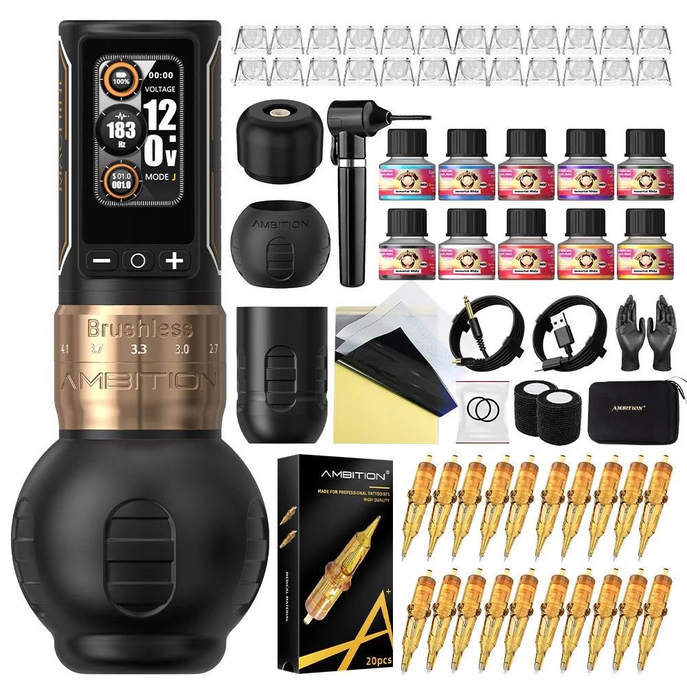 Ambition Ninja Max 280 Wireless Tattoo Machine Pen Full Kit Adjustable Stroke Brushless Motor 20pcs Mixed Needle 10 Inks Set