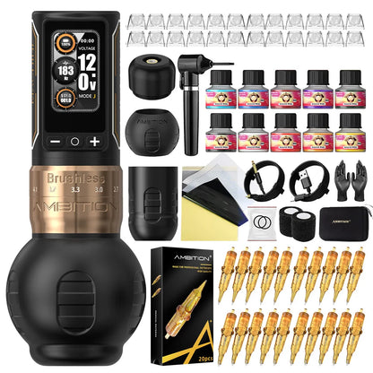 Ambition Ninja Max 280 Wireless Tattoo Machine Pen Full Kit Adjustable Stroke Brushless Motor 20pcs Mixed Needle 10 Inks Set