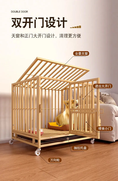 Heavy Duty Square Tube Dog Cage for Medium Large Dogs Indoor Metal Kennel with Toilet Tray Foldable Iron Pet Crate Furniture