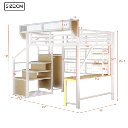 90×200cm & 140*200cm Metal High Bed, with Desk, Shelf and Storage Net, Complete with Safety Ladder, LED Lighting and Socket