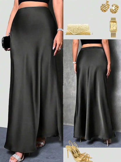 Solid Color High-Waisted Elegant Satin Skirt, Women's Plus-Size Skirt, Suitable for Spring, Summer, and Autumn