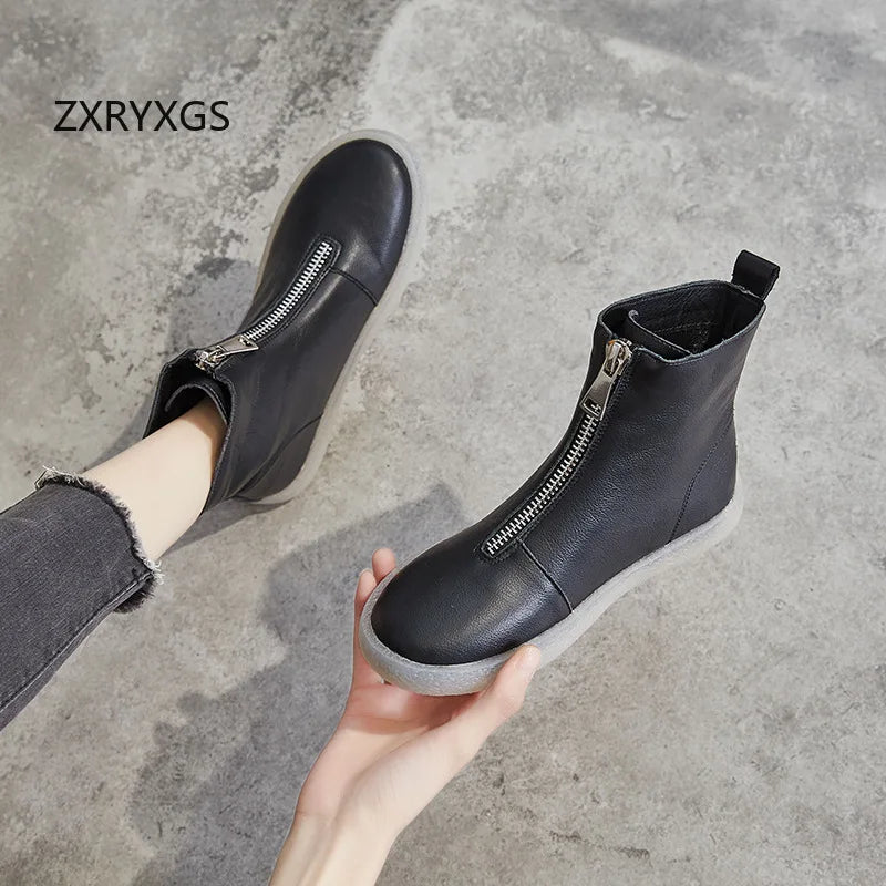 ZXRYXGS British Style Front Zipper Genuine Leather Boots Flat Sneakers 2026 Temperament Trend Autumn Winter Boots Black White