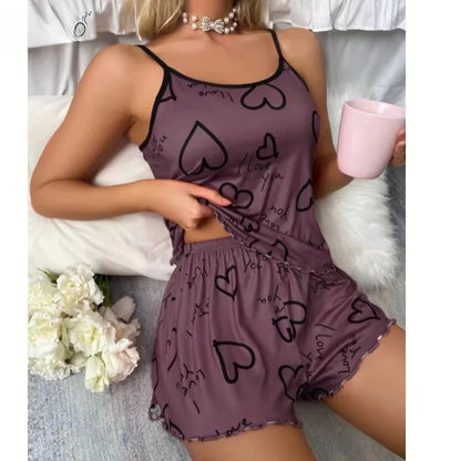Dam Pyjamas Set Is-Silk – Röda Hjärtan, T-shirt & Shorts Sommar Loungewear