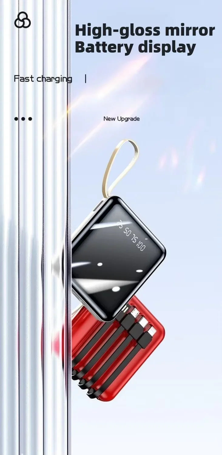 VIVO Mini Powerbank med 4 Inbyggda Kablar – Snabbladdning LED-display Dual USB Svart Vit Röd 50000/100000/200000mAh