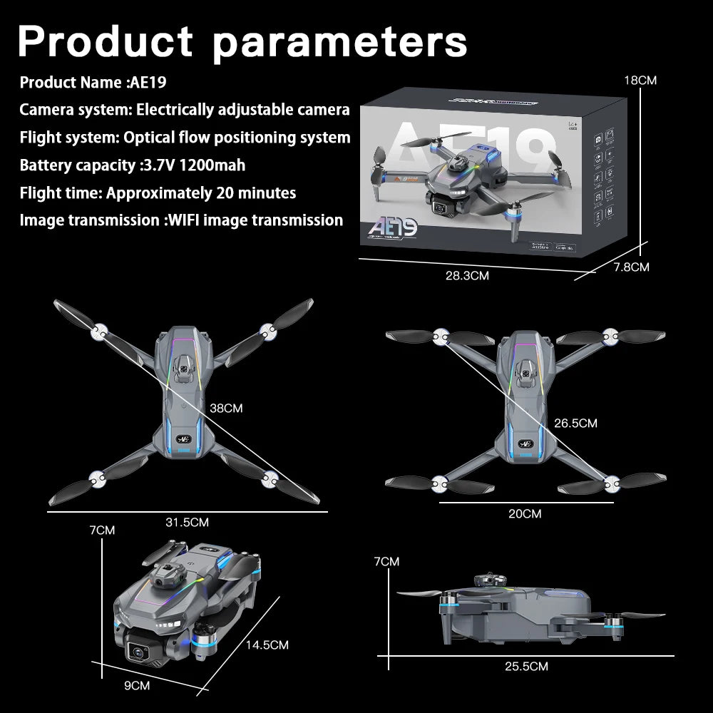 AE19 Drone, High-Definition Dual Camera, 8K Professional Obstacle Avoidance, Folding Quadcopter Toy, Remote-Controlled Aircraft